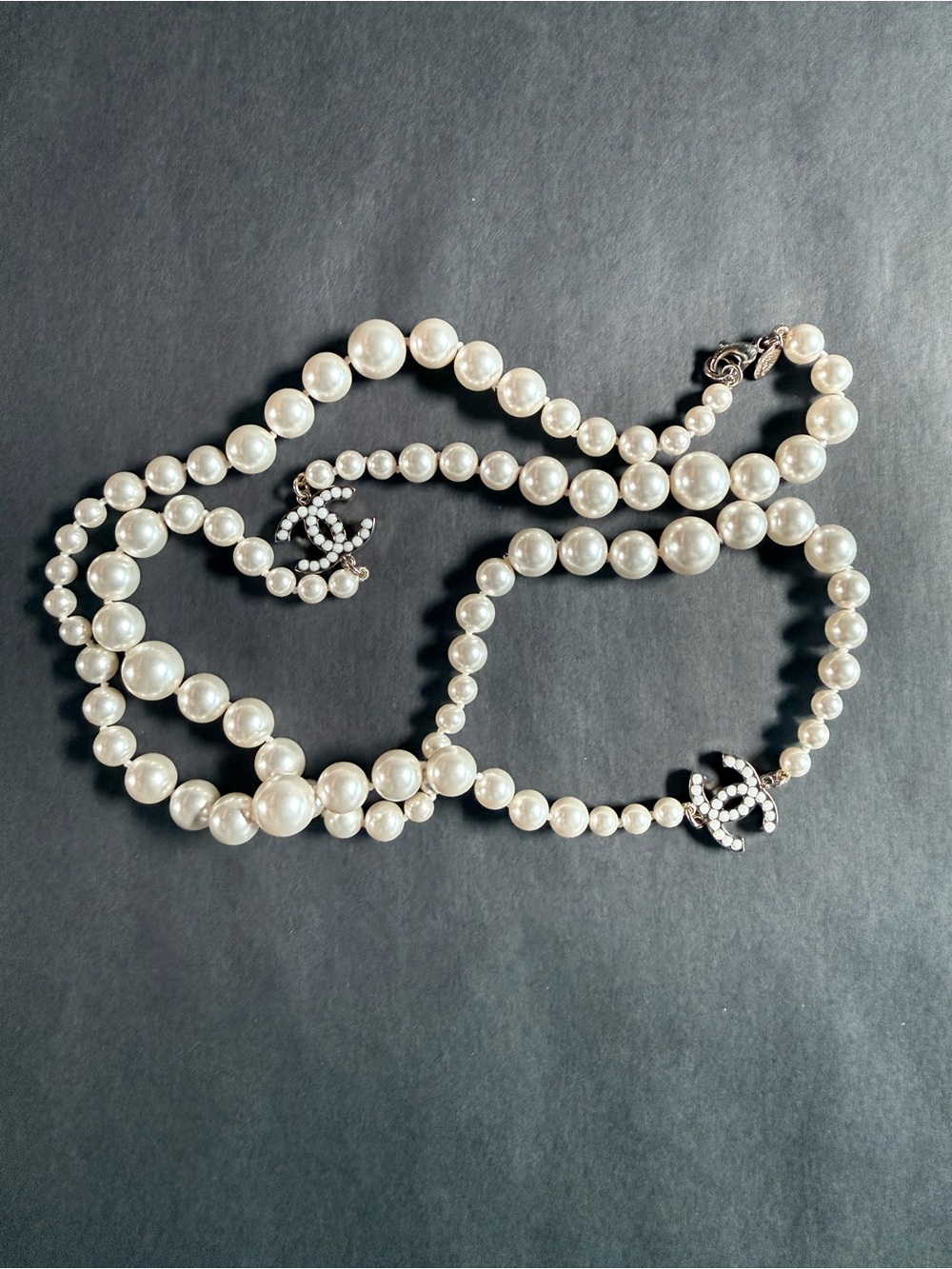 CHANEL 2010 Pearl Multi-Strand Necklace with Crystal CC Charms - White 35”